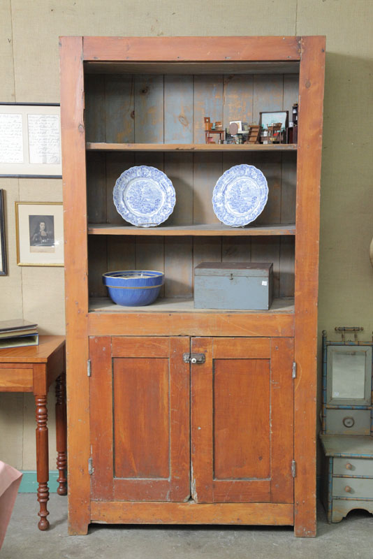 WALL CUPBOARD. Salmon painted pine