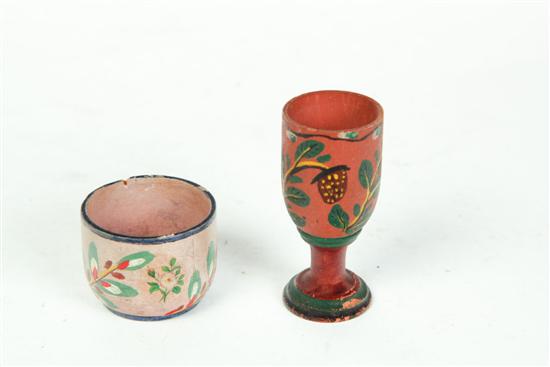 TWO DECORATED TREEN CUPS.  Both