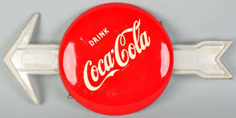 Tin Coca Cola Button Arrow Sign  10dc90