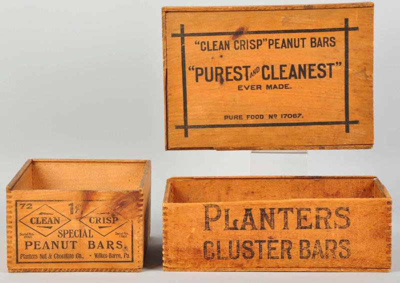 Lot of 3: Wooden Peanut Boxes. 
One