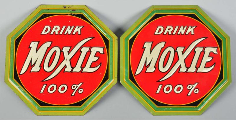Lot of 2 Embossed Tin Moxie Signs  10dddf