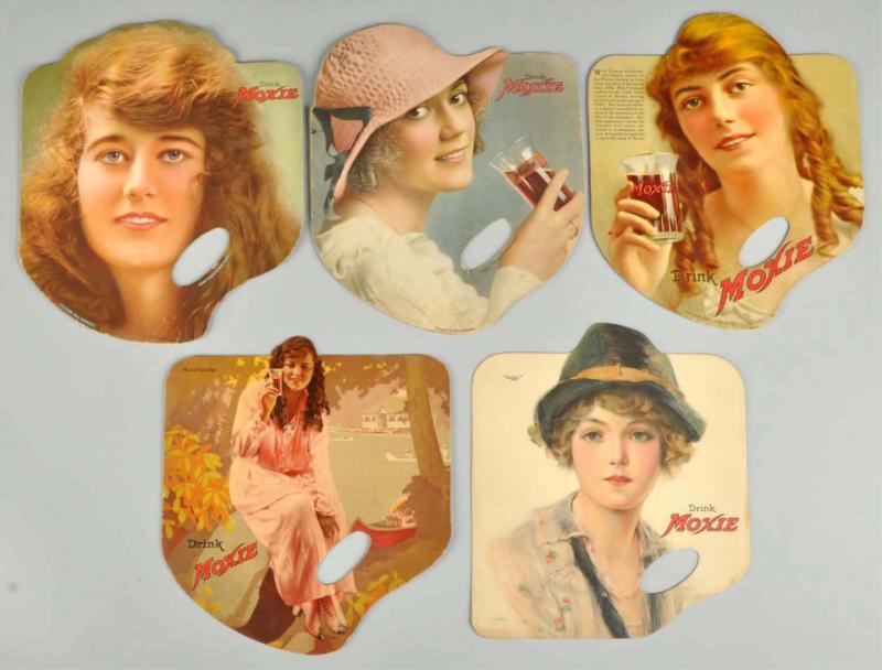 Lot of 5: Moxie Fans. 
Circa 1915 to