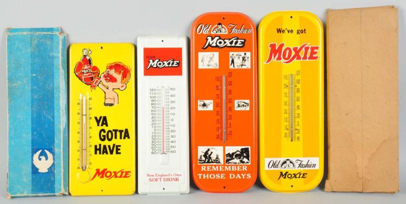 Lot of 4: Assorted Tin Moxie Thermometers.