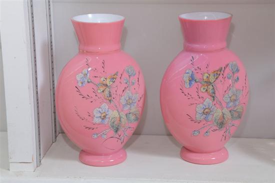 PAIR OF ART GLASS VASES. Milk glass