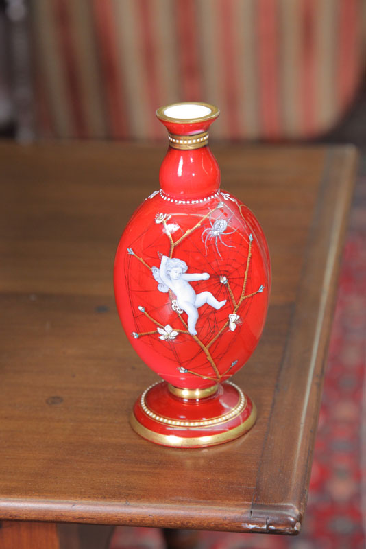 ART GLASS VASE. Ornate white cased in