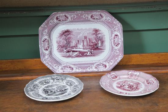 THREE TRANSFERWARE PIECES. Two plates