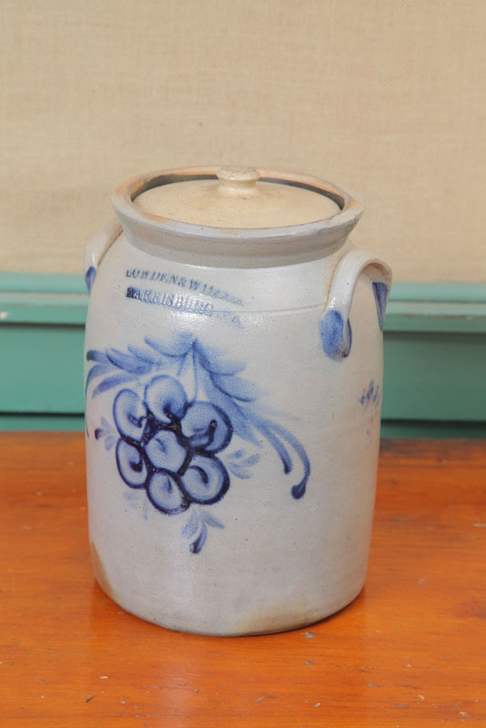 STONEWARE CROCK. Lidded crock impressed