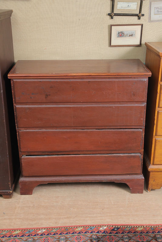 MULE CHEST. Dark red painted chest having