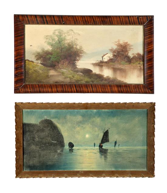 TWO OIL ON CANVAS A moonlit seascape  10e593