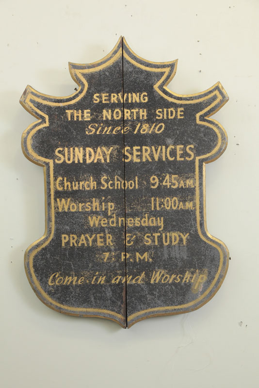 WOOD SIGN. The North Side Church advertising