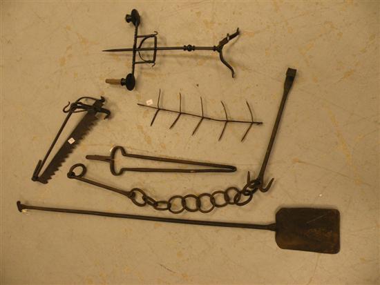 Wrought iron peel; tramel tongs;