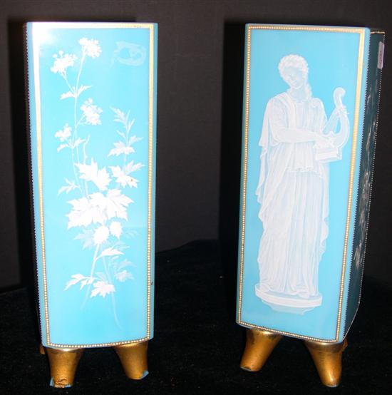 Pair of 10 1/4'' footed blue glass