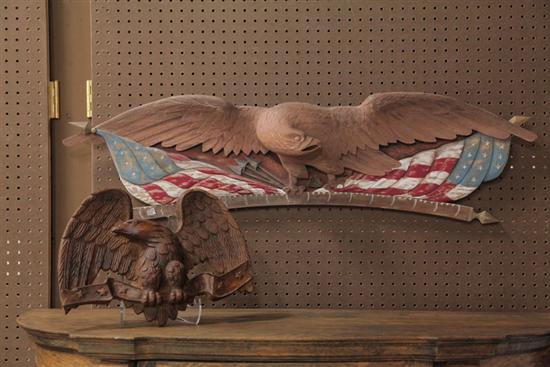 TWO CARVED EAGLES. Wooden carved