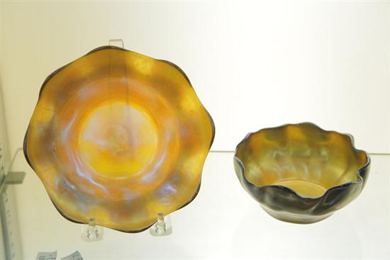 TIFFANY BOWL AND UNDERPLATE. Gold  iridescent