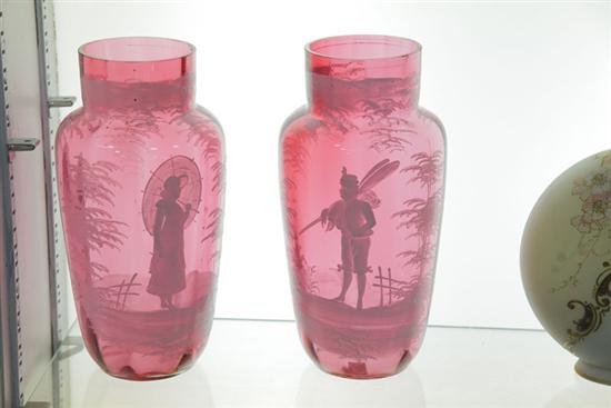 PAIR OF GLASS VASES. Cranberry