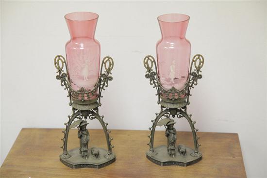 TWO CRANBERRY GLASS VASES ON STANDS  11033e