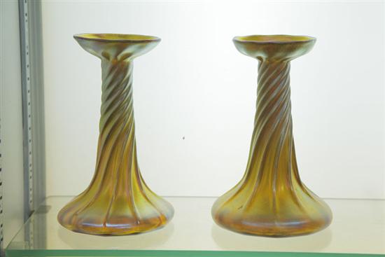 PAIR OF TIFFANY ART GLASS CANDLESTICKS  11035a