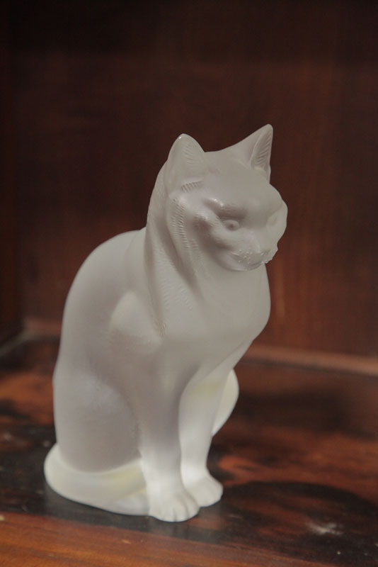 LALIQUE CAT. Frosted glass  seated cat.