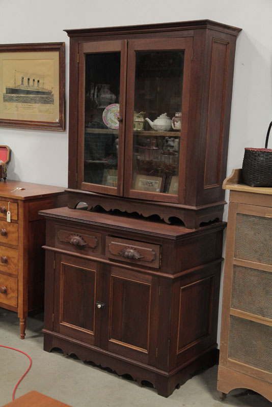 TWO PIECE WALL CUPBOARD. Walnut