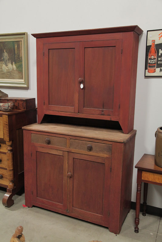 TWO PIECE WALL CUPBOARD Red stained 110419