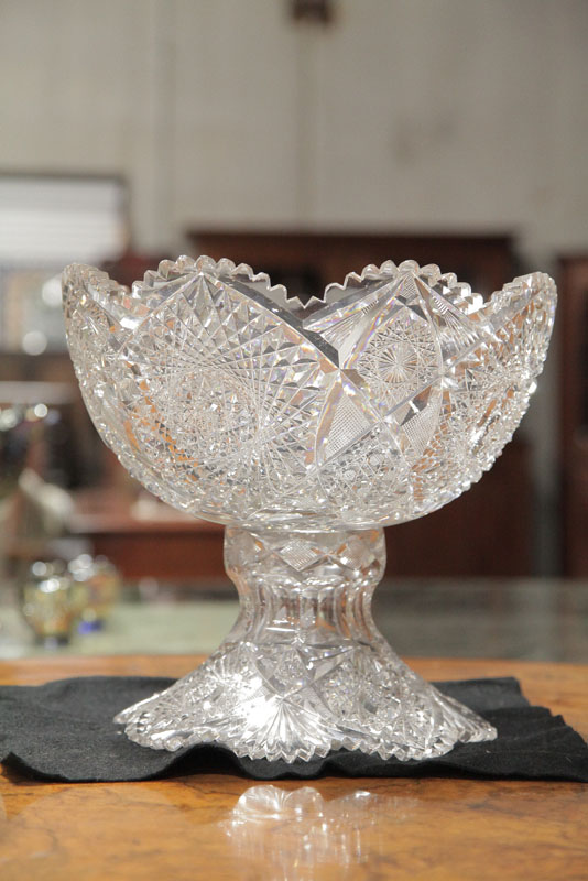 CUT GLASS PUNCH BOWL. Two-part having