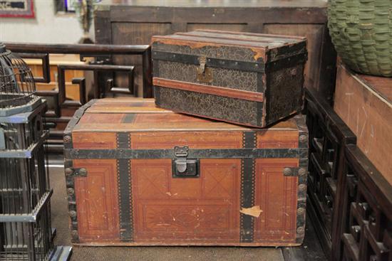 TWO MINIATURE TRUNKS. Doll-sized wooden