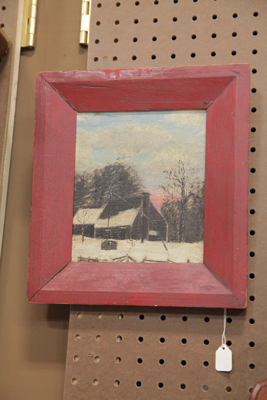 FOLK ART PAINTING OF A CABIN BY