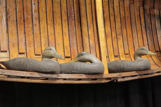 THREE DUCK DECOYS. Polychrome painted