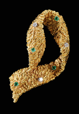 Scarf Style Gold and Emerald Brooch