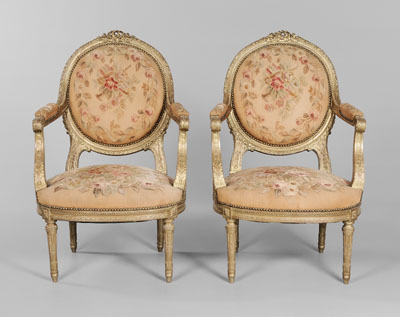 Pair Louis XVI Style Open-Arm Chairs
