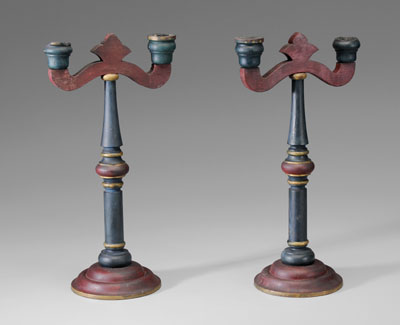 Pair Masonic Painted Wooden Candlesticks,