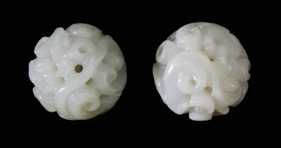 Pair Jade Carved Spheres Chinese,