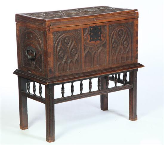 CARVED GOTHIC REVIVAL CHEST-ON-STAND.