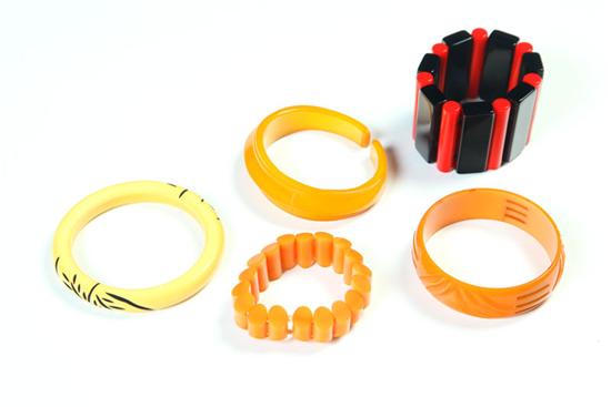 FIVE EARLY PLASTIC BRACELETS  1115fb