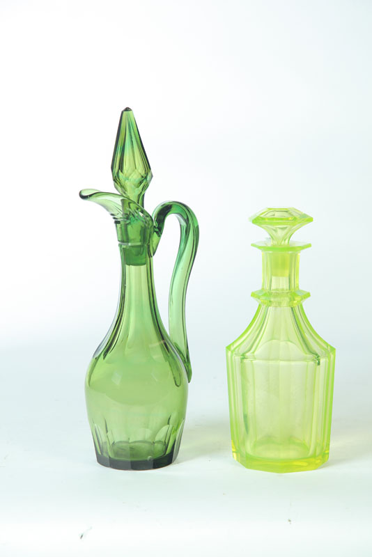 TWO COLORED GLASS DECANTERS.  European