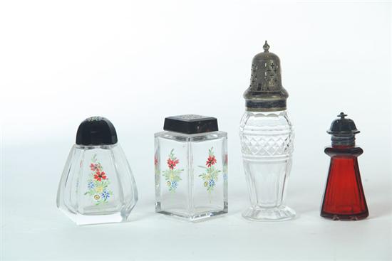 FOUR GLASS CONDIMENT ARTICLES.