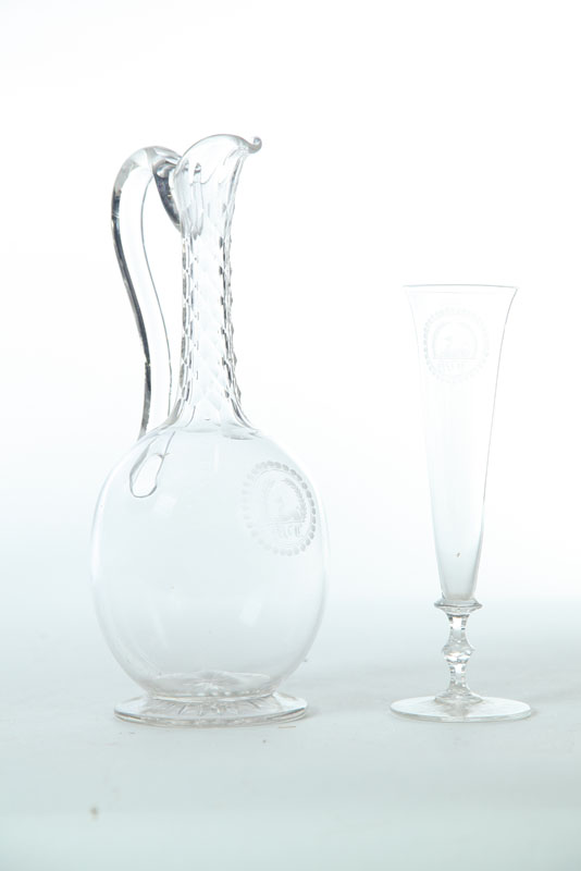 BLOWN GLASS EWER AND ALE GLASS.  American