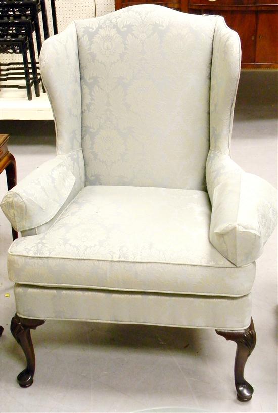 Wing chair  green upholstery  cabriole