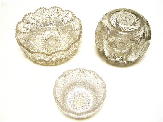 Three cut glass bowls: rose bowl