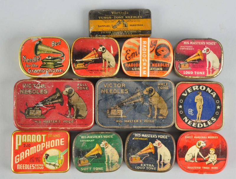 Lot of 12: Early Needle Tins. 
Condition