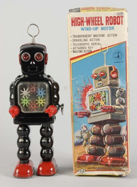 Tin Litho High-Wheel Robot Wind-Up Toy.