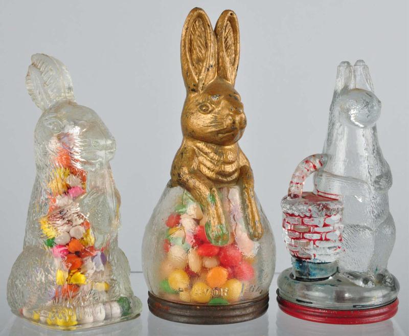 Lot of 3 Glass Rabbit Candy Containers  112f87