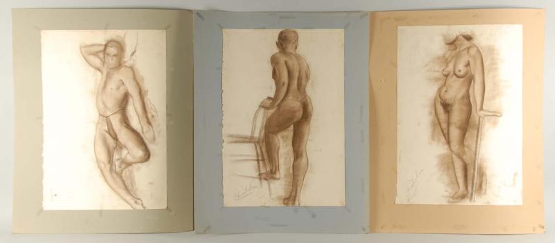 Lot of 3 Early Nude Charcoal Drawings  1130ee