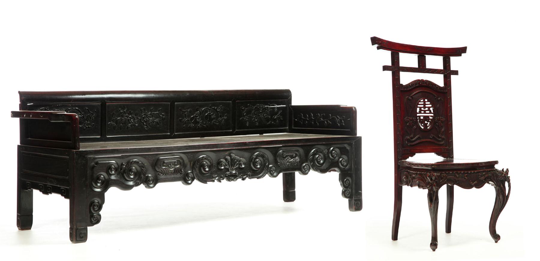 CARVED BENCH AND SIDE CHAIR.  Asian