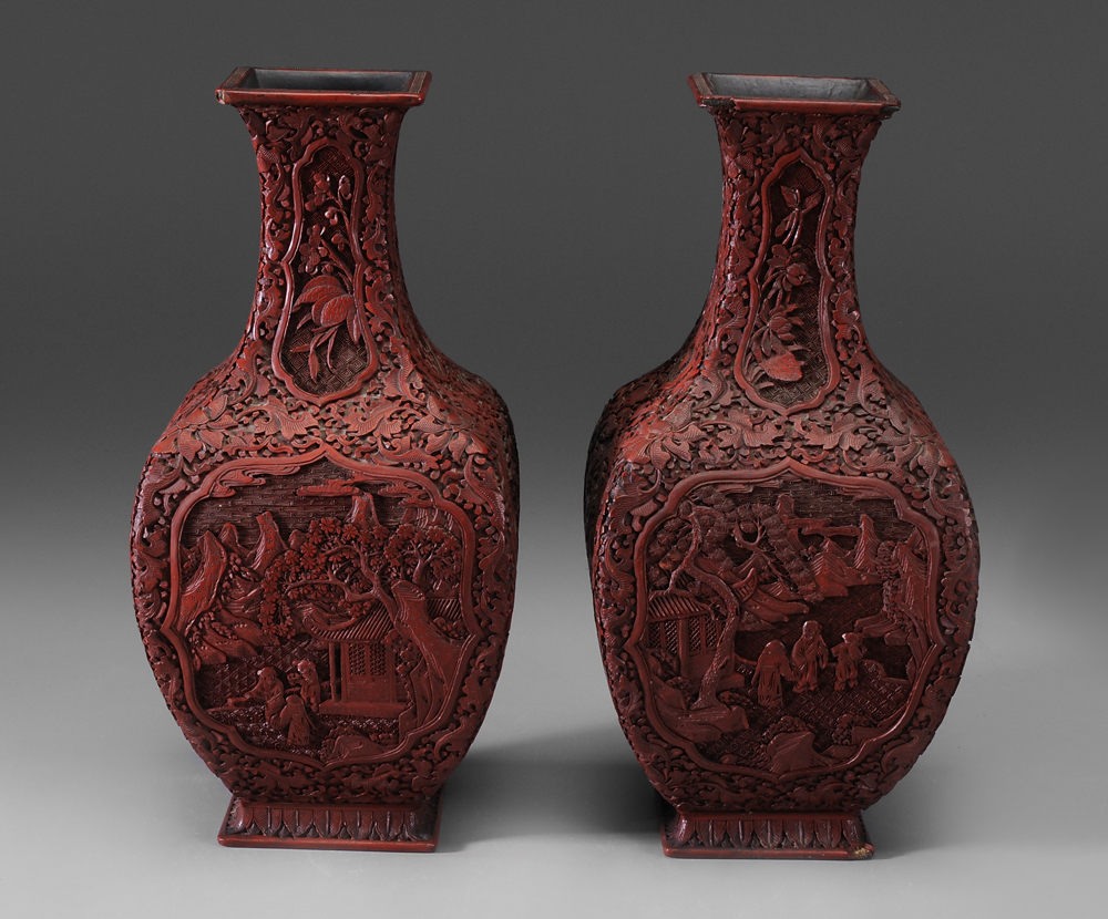 Pair Cinnabar Vases Chinese Qing 113989