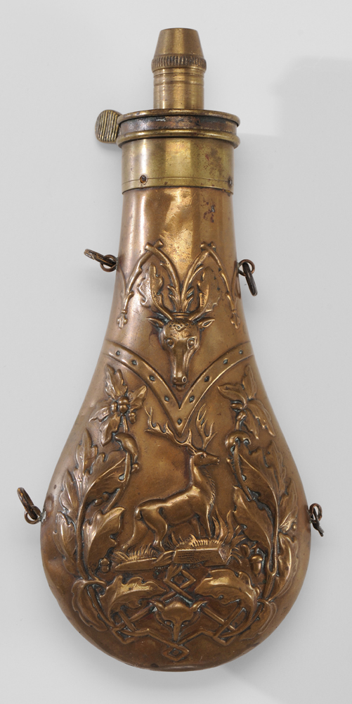 Decorated Brass Powder Flask American  113a46