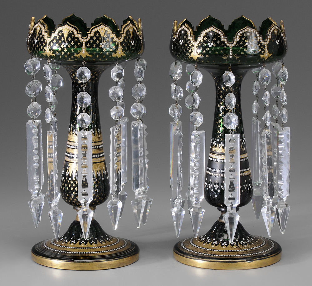 Pair Green Glass Gilt Lusters arabesque