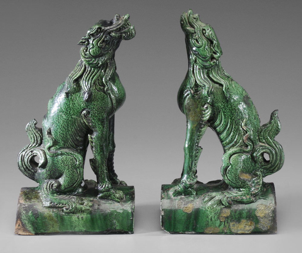Near Pair Pottery Roof Tiles Chinese,