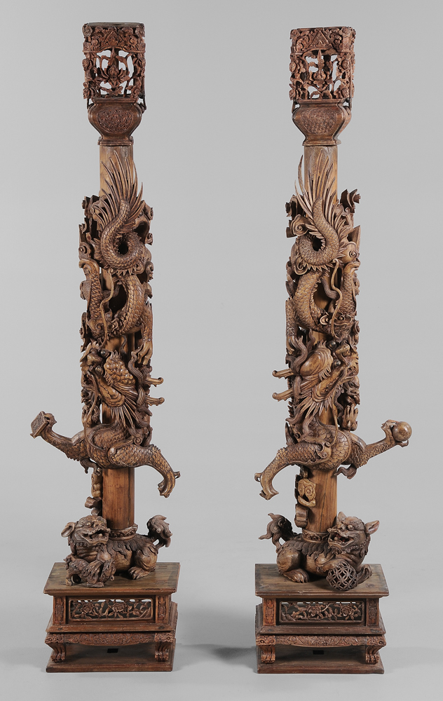 Pair Carved Hardwood Dragon Columns 113bea
