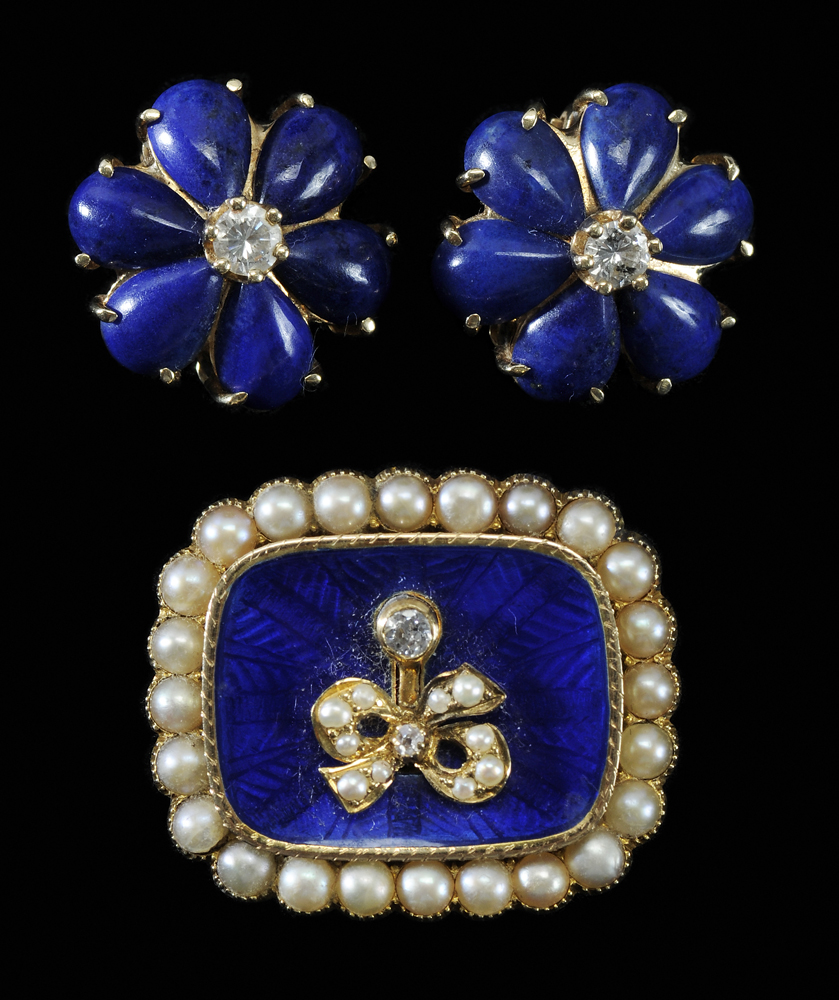 Earrings and Brooch Set blue enamel 113c37